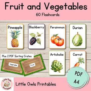 Fruits and Vegetables Flashcards,  Watercolor Fruit and veg, Preschool Toddler Kindergarten Montessori Flashcards Printable Worksheets