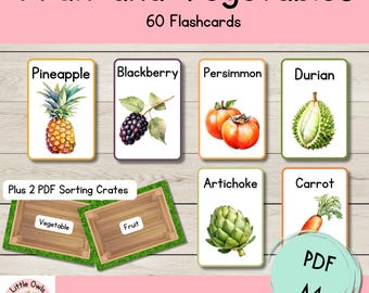Fruits and Vegetables Flashcards,  Watercolor Fruit and veg, Preschool Toddler Kindergarten Montessori Flashcards Printable Worksheets