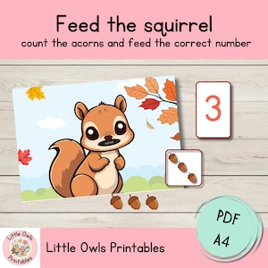Könnte beinhalten: Ein ausdruckbares pädagogisches Arbeitsblatt mit dem Titel Feed the squirrel, count the acorns and feed the correct number. Es zeigt ein gezeichnetes Eichhörnchen, eine Karte mit der Zahl 3, eine Karte mit drei Eicheln und drei einzelne Eicheln.