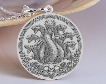 Sterling Silver Mythological Dragon Jewelry, Hydra Medallion Necklace, Greek Mythology Medallion