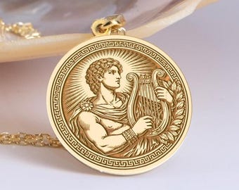 Collar de plata de ley con colgante de lira, dios griego Apolo / Joyería de mitología griega