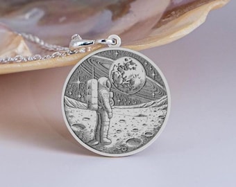 Astronaut Medaillon Halskette, Sterling Silber Anhänger