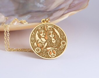 Sterling Silver  Hippie Couple Pendant Necklace: Flower Child Jewelry