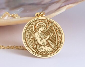 Sterling Silver  Angel Necklace: Harp Pendant, Spiritual Medallion