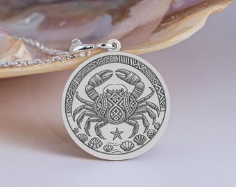 Sterling Silver Cancer Zodiac Crab Necklace – Ocean Inspired Medallion Necklace | Astrology Jewelry, Birthday Gifts