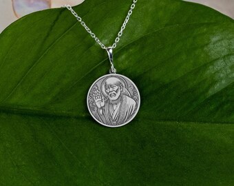 Sterling Silver Sai Baba Pendant: Engraved Spiritual Medallion