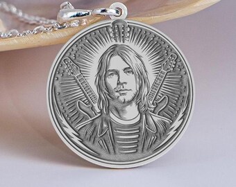 Sterling Silver Kurt Cobain Medallion Necklace, Nirvana Rock Pendant, 90s Grunge Jewelry