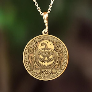 Sterling Silver Black Cat Pumpkin Necklace: Gothic Halloween Pendant