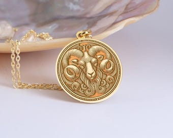 Sterling Silver  Aries Necklace: Zodiac Ram Medallion Pendant