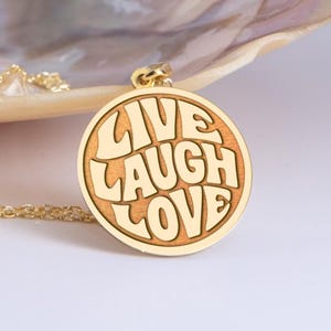 Silver Live Laugh Love Necklace, Affirmation Necklace, Groovy Quote Pendant, Motto Jewelry, Motivational Medallion,Psychedelic Charm