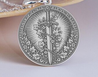 Sterling Silver Engraved Sword Medallion Necklace, Warrior Fantasy Jewelry