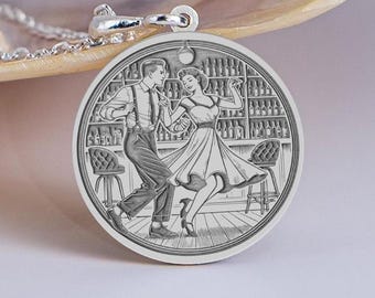 Sterling Silver Lindy Hop Necklace, Swing Dance Medallion, Jazz Era