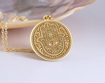 14K Gold Hamsa Necklace: Hand of Fatima Pendant, Spiritual Protection