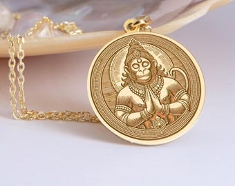 14K Gold Lord Hanuman Medallion Necklace: Hindu Yoga Jewelry