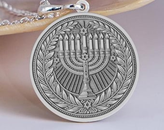 Sterling Silver Hanukkah Menorah Medallion Necklace, Festival of Lights
