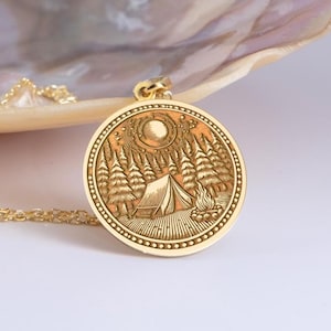 Silver Camper Necklace, Landscape Necklace, Starry Night Pendant, Tent Pendant, Forest Camping Medallion, Nature Lover Gift