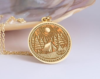 Sterling Silver  Camping Medallion Necklace: Starry Forest Tent Pendant