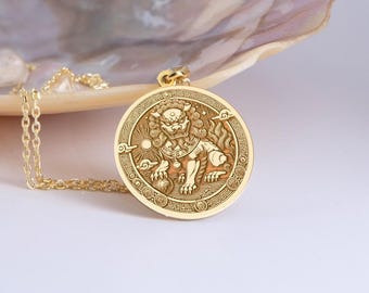 14K Gold Shishi Lion Necklace: Chinese Guardian Amulet