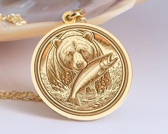 Sterling Silver Bear & Salmon Medallion Necklace: Wildlife Jewelry