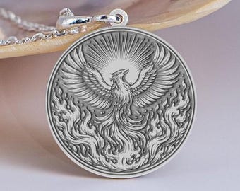Sterling Silver Phoenix Necklace, Mythical Bird Medallion, Rebirth Symbol Jewelry