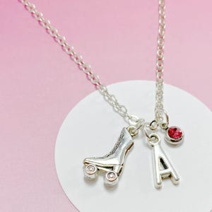 Personalized Roller Skate Necklace with Initial and Birthstone, Retro Charm, Gift for Skaters, Teens, and Sporty Girls-J-AG009-39