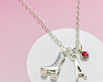 Collar de patines personalizado con inicial y piedra de nacimiento, dije retro, regalo para patinadoras, adolescentes y deportistas - J-AG009-39