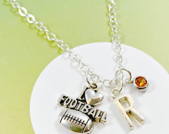 Collar de fútbol personalizado con inicial y piedra de nacimiento. Dije "Me encanta el fútbol", regalo para fanáticos de la NFL, joyería única para amantes del rugby - J-AG009-15