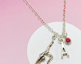 Personalized Gymnast Necklace with Initial and Birthstone, Dance Charm Gift for Gymnasts, Ballet Lovers, and Dancers-J-AG009-46