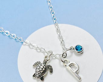 Collar de tortuga personalizado con inicial y piedra de nacimiento, joyería para amantes del océano, regalo para viajeros, collar único para amantes de las tortugas - J-AG006-4