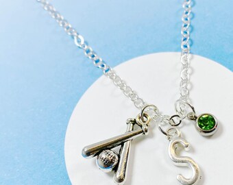 Collar de béisbol personalizado con inicial y piedra de nacimiento, dije de bate de béisbol, regalo para jugadores, joyería deportiva única - J-AG009-43