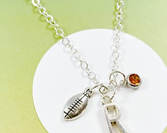Collar de fútbol personalizado con inicial y piedra de nacimiento, dije de rugby, regalo para mamás deportistas, fans de la NFL y jugadores de fútbol americano - J-AG009-19