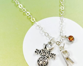 Collar de fútbol personalizado con inicial y piedra de nacimiento. Dije "Me encanta el fútbol", regalo para jugadores, mamás y amantes del fútbol - J-AG009-41