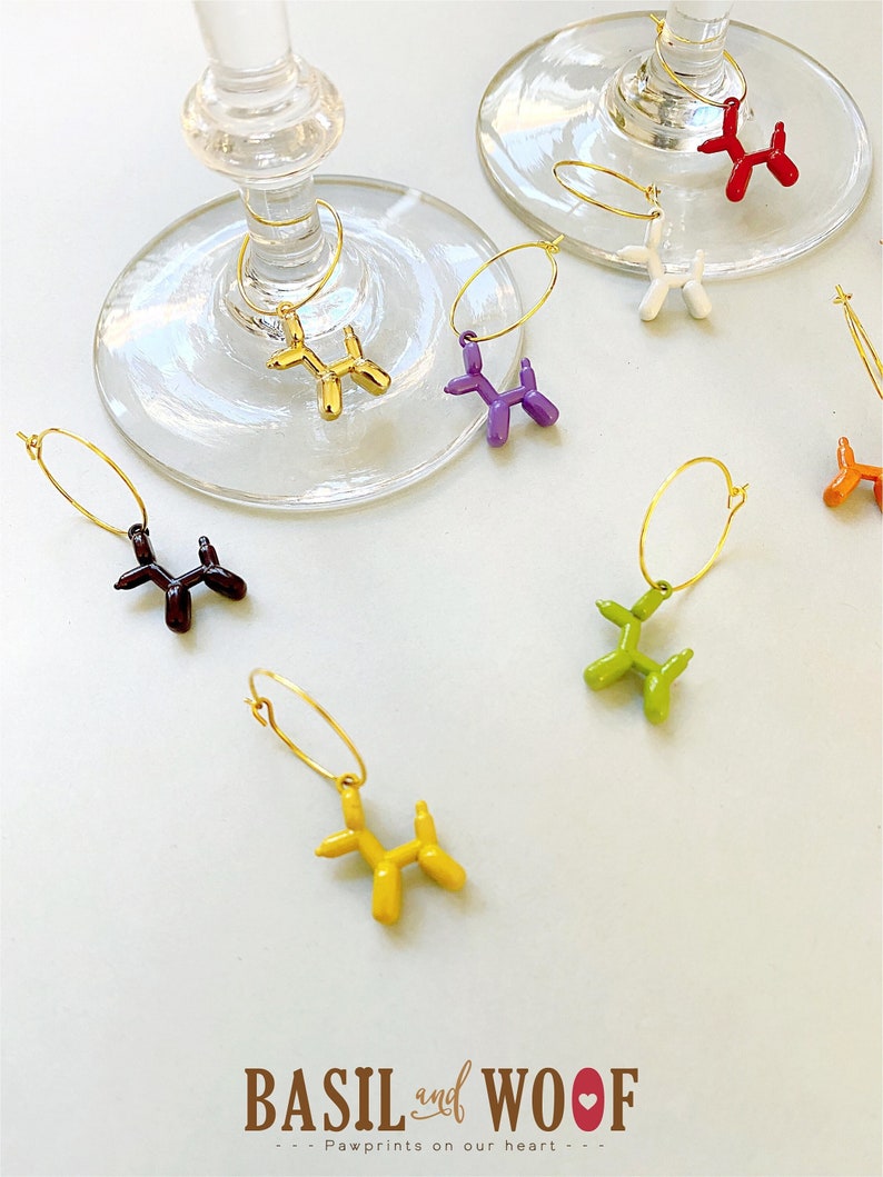 Set of 8 - Pop Art Balloon Dog wine glass charm set | dog lover gift | animal wine glass charm set | Pop art wine charm set | Unique animal lover gift