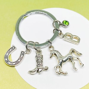 Keychain Personalised with Horse, Horseshoe, and Cowboy Boot Charms - Gift for Equestrians and Horse Lovers - K-AG010-1-2-AG006-2