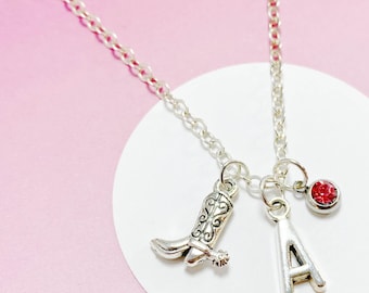 Personalized Cowboy Boot Necklace with Birthstone and Initial, Wild West Charm Gift for Cowgirls, Rodeo Girls, and Country Lovers-J-AG010-1