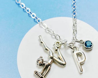 Collar de gimnasia personalizado con inicial y piedra de nacimiento, joyería de gimnasta, regalo para gimnastas, collar único de atleta - J-AG009-10