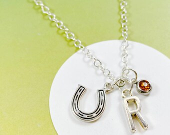 Personalized Horseshoe Necklace with Birthstone and Initial, Lucky Charm Gift for Cowgirls, Horse Lovers, and Equestrians-J-AG010-2