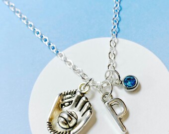 Collar de béisbol personalizado con inicial y piedra de nacimiento, dije de guante de béisbol, regalo para jugadores, joyería deportiva única - J-AG009-40