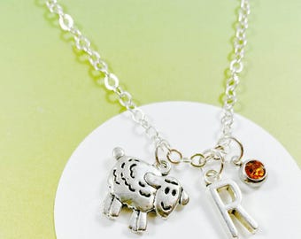 Collar de oveja personalizado con inicial y piedra de nacimiento, joyería de animales de granja, regalo para granjeros, collar único para amantes de los animales - J-AG006-3