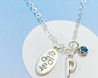 Personalized Triathlon Necklace with Initial and Birthstone, Triathlete Jewelry, Gift for Fitness Enthusiasts, Sports themed gift-J-AG009-32