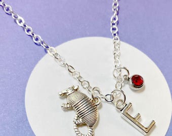Personalized Armadillo Necklace with Initial and Birthstone, Animal Lover Jewelry, Unique Nature Gift, Quirky Necklace for Her-J-AG006-9