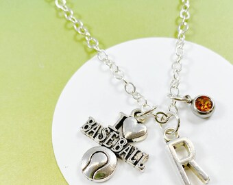 Collar de béisbol personalizado con inicial y piedra de nacimiento. Dije "Me encanta el béisbol", regalo para jugadores, aficionados y madres deportistas - J-AG009-35