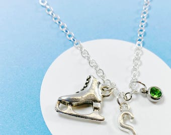 Collar de patinaje sobre hielo personalizado con inicial y piedra de nacimiento, dije de zapatillas de patinaje artístico, regalo para patinadores, joyería deportiva de invierno - J-AG009-33
