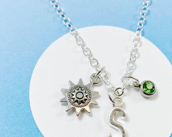 Collar de Sol Personalizado con Inicial y Piedra de Nacimiento, Dije de Rayo Solar, Joyería Espiritual, Regalo para Amantes del Sol, Collar Celestial - J-AG011-7