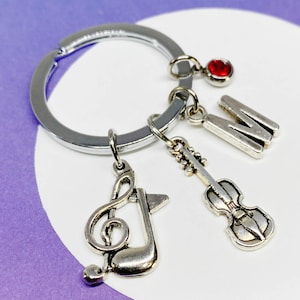Keychain Personalised with Treble Clef, Guitar Charm, Initial, and Birthstone - Music Lover Gift for Guitarists - K-AG018-5-10