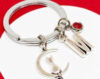 Portachiavi con ciondolo a forma di mezzaluna di gatto personalizzato - Regalo personalizzato con iniziale e pietra portafortuna per gli amanti dei gatti, monogramma unico ricordo-K-AG001-1