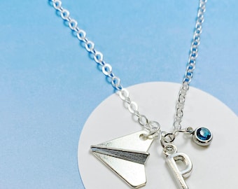 Personalized Paper Plane Necklace with Initial and Birthstone, Travel Lover Jewelry, Wanderlust Gift, Unique Adventure Necklace-J-AG005-1