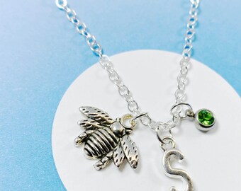 Personalized Bee Necklace with Initial and Birthstone, Nature Lover Jewelry, Gift for Gardeners, Unique Bee Lover Necklace-J-AG008-2