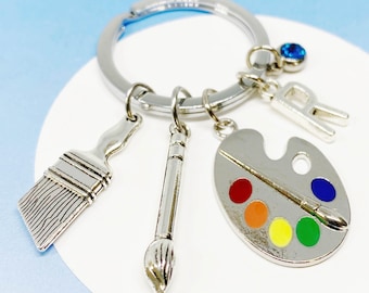 Portachiavi personalizzato con tavolozza per artisti, pennello e pietra portafortuna – Regalo artistico con iniziale personalizzata per pittori e creativi - K-MIX-AG019-1-2-3