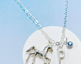 Collar de caballo personalizado con inicial y piedra de nacimiento, joyería ecuestre, regalo personalizado para amantes de los caballos, collar vaquero único - J-AG006-2
